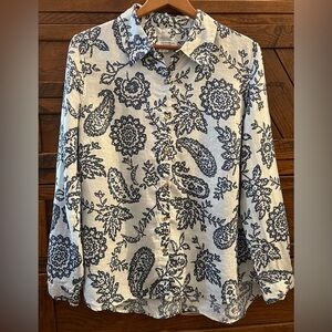 Charter Club 100% Linen Paisley Floral Print Button down Top White Navy Sz XL